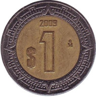 Монета 1 песо. 2009 год, Мексика. Монета 1 песо. 2009 год, Мексика.