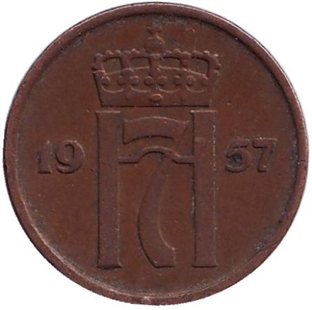 Монета 2 эре. 1957 год, Норвегия. Монета 2 эре. 1957 год, Норвегия.