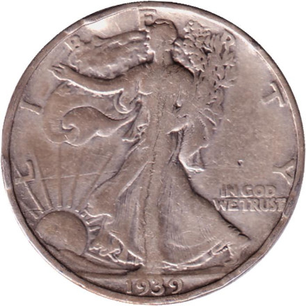 Монета 50 центов. 1939 год (S), США. Шагающая свобода.
