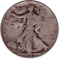 Монета 50 центов. 1940 год, США. Шагающая свобода. (Без отметки монетного двора). Монета 50 центов. 1940 год, США. Шагающая свобода. (Без отметки монетного двора).