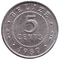 Монета 5 центов. 1987 год, Белиз. Монета 5 центов. 1987 год, Белиз.