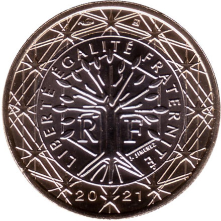 Монета 1 евро. 2021 год, Франция.