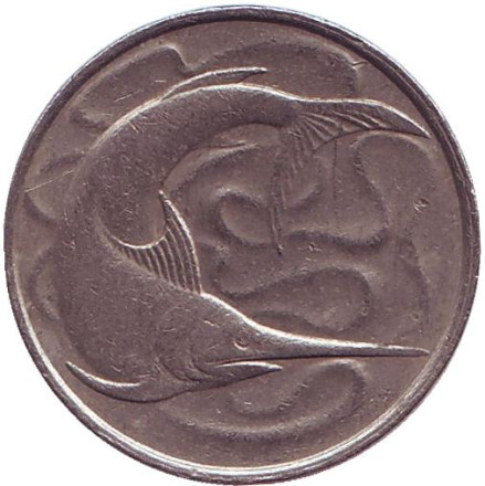 Монета 20 центов. 1980 год. Сингапур. Рыба-меч.
