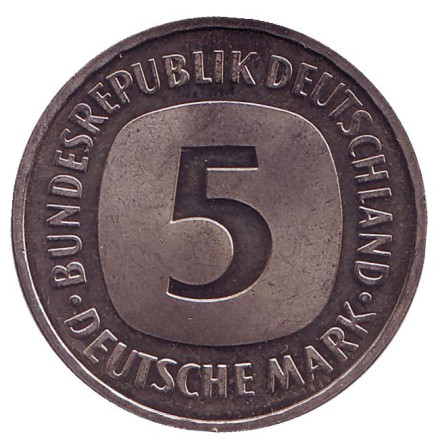 Монета 5 марок. 1989 год (F), ФРГ. UNC.