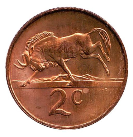 Монета 2 цента. 1984 год, Южная Африка. UNC. Белохвостый гну.