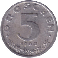 Монета 5 грошей. 1984 год, Австрия. Имперский орёл. Монета 5 грошей. 1984 год, Австрия. Имперский орёл.