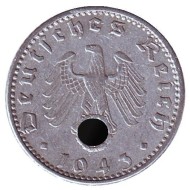 Монета 50 рейхспфеннигов. 1943 год, Германия (Третий Рейх). (D). Монета 50 рейхспфеннигов. 1943 год, Германия (Третий Рейх). (D).
