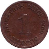 Монета 1 пфенниг. 1900 год (J), Германская империя. Монета 1 пфенниг. 1900 год (J), Германская империя.