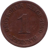 Монета 1 пфенниг. 1900 год (J), Германская империя.