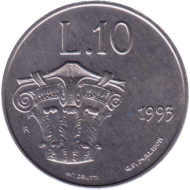 Монета 10 лир. 1993 год, Сан-Марино. Коринфская колонна. Монета 10 лир. 1993 год, Сан-Марино. Коринфская колонна.