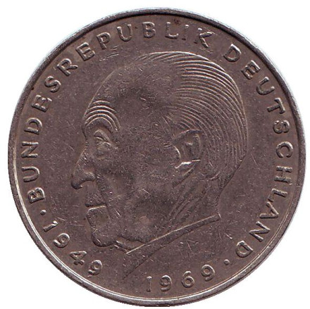 Монета 2 марки. 1973 год (D), ФРГ. Из обращения. Конрад Аденауэр.