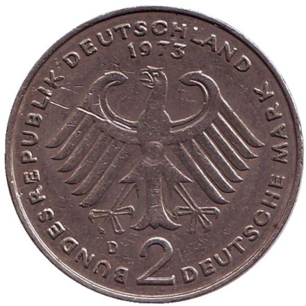 Монета 2 марки. 1973 год (D), ФРГ. Конрад Аденауэр.