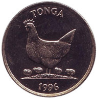 Монета 5 сенити. 1996 год, Тонга. Всемирный день продовольствия. Курица. Кокосы. Монета 5 сенити. 1996 год, Тонга. Всемирный день продовольствия. Курица. Кокосы.