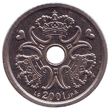 Монета 1 крона. 2001 год, Дания. Монета 1 крона. 2001 год, Дания.