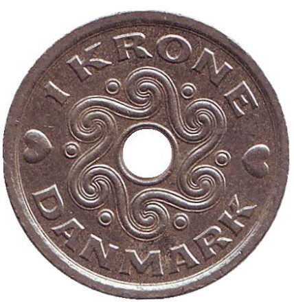 Монета 1 крона. 2001 год, Дания.