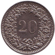 Монета 20 раппенов. 1979 год, Швейцария. Монета 20 раппенов. 1979 год, Швейцария.