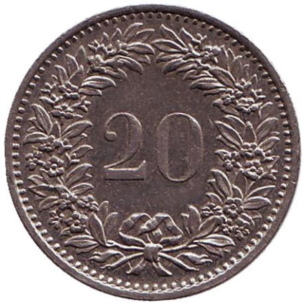 Монета 20 раппенов. 1979 год, Швейцария.