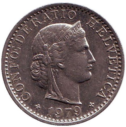 Монета 20 раппенов. 1979 год, Швейцария.