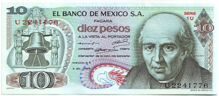 Банкнота 10 песо. 1960-1977 гг., Мексика. Мигель Идальго-и-Костилья.