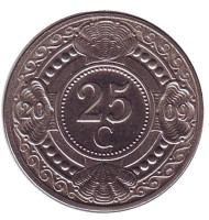 Монета 25 центов. 2009 год, Нидерландские Антильские острова. Цветок апельсинового дерева. Монета 25 центов. 2009 год, Нидерландские Антильские острова. Цветок апельсинового дерева.
