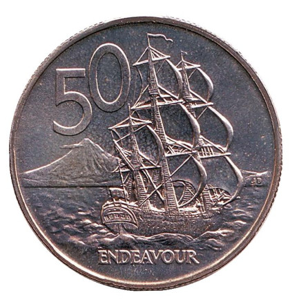 Монета 50 центов, 1980 год, Новая Зеландия. UNC. Парусник "Endeavour".