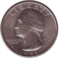 Монета 25 центов. 1991 (P) год, США. Вашингтон. Монета 25 центов. 1991 (P) год, США. Вашингтон.