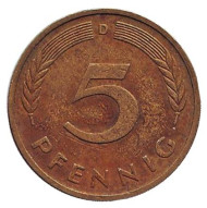 Монета 5 пфеннигов. 1975 год (D), ФРГ. Дубовые листья.