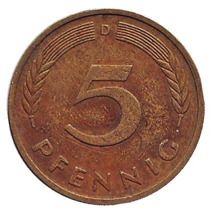 Монета 5 пфеннигов. 1975 год (D), ФРГ. Дубовые листья.