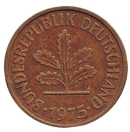Монета 5 пфеннигов. 1975 год (D), ФРГ. Дубовые листья.