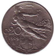 Монета 20 чентезимо. 1909 год, Италия. Монета 20 чентезимо. 1909 год, Италия.