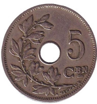Монета 5 сантимов. 1924 год, Бельгия. (Belgie).  Монета 5 сантимов. 1924 год, Бельгия. (Belgie).