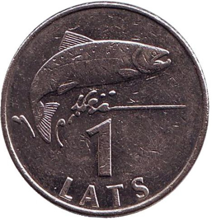 Монета 1 лат, 2008 год, Латвия. Рыба.