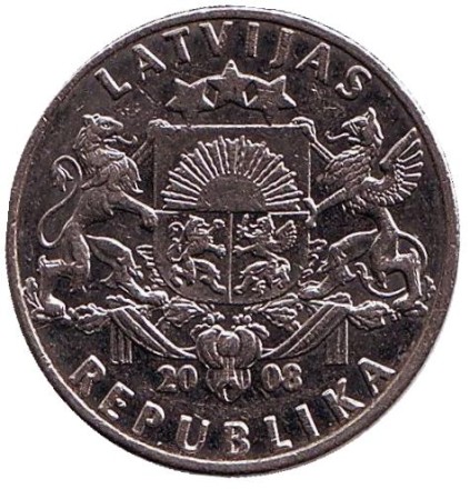 Монета 1 лат, 2008 год, Латвия. Рыба.