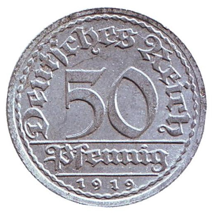 Монета 50 пфеннигов. 1919 год (A), Веймарская республика.