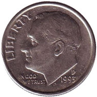 Монета 10 центов. 1993 (P) год, США. Рузвельт. Монета 10 центов. 1993 (P) год, США. Рузвельт.