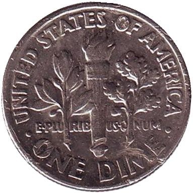 Монета 10 центов. 1993 (P) год, США. Рузвельт. Монета 10 центов. 1993 (P) год, США. Рузвельт.