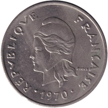 Монета 20 франков. 1970 год, Новые Гебриды. Маска.