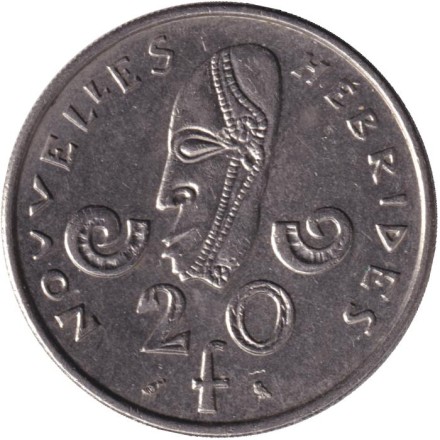 Монета 20 франков. 1970 год, Новые Гебриды. Маска.