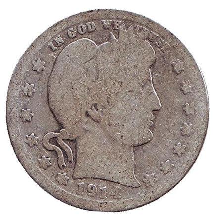 Монета 25 центов. 1914 год, США. (Отметка монетного двора: "D") "Четверть доллара Барбера".
