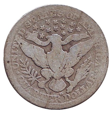 Монета 25 центов. 1914 год, США. (Отметка монетного двора: "D") "Четверть доллара Барбера". Монета 25 центов. 1914 год, США. (Отметка монетного двора: "D") "Четверть доллара Барбера".