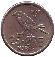 Монета 25 эре. 1967 год, Норвегия. Птица. Монета 25 эре. 1967 год, Норвегия. Птица.