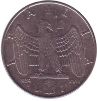 Монета 1 лира. 1939 год, Италия. Магнитная. (XVIII). Монета 1 лира. 1939 год, Италия. Магнитная. (XVIII).
