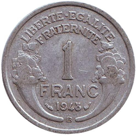Монета 1 франк. 1948 (В) год, Франция.