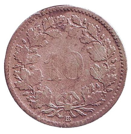 Монета 10 раппенов. 1850 год, Швейцария.