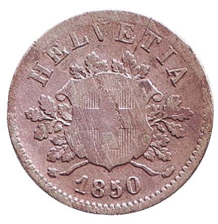 Монета 10 раппенов. 1850 год, Швейцария. Монета 10 раппенов. 1850 год, Швейцария.