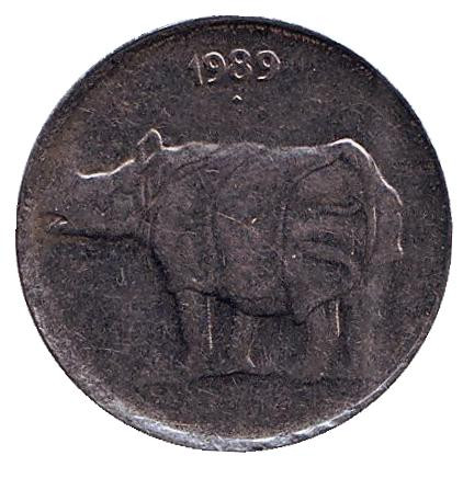 Монета 25 пайсов. 1989 год, Индия. ("♦" - Бомбей). Носорог.