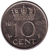 Монета 10 центов. 1969 год, Нидерланды. (Петух). Монета 10 центов. 1969 год, Нидерланды. (Петух).