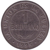 Монета 1 боливиано. 1995 год, Боливия. Монета 1 боливиано. 1995 год, Боливия.