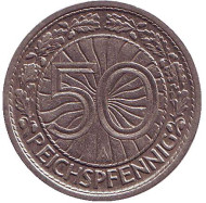 Монета 50 рейхспфеннигов. 1927 год (A), Веймарская республика. Монета 50 рейхспфеннигов. 1927 год (A), Веймарская республика.