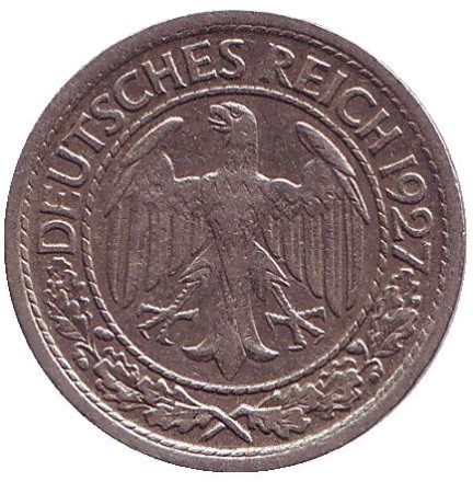 Монета 50 рейхспфеннигов. 1927 год (A), Веймарская республика. Монета 50 рейхспфеннигов. 1927 год (A), Веймарская республика.